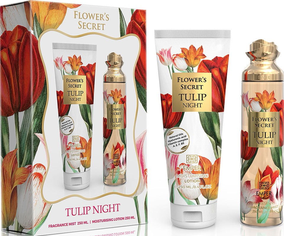 Emper Flower's Secret Tulip Night Women's Gift Set: Body Spray 250 mL & Body Lotion 250 mL