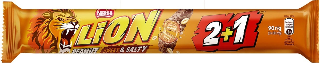 Nestle Lion Peanut & Salted Caramel 2+1 Chocolate Bar, 90 g