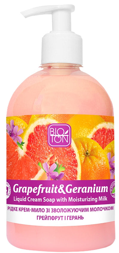 Bioton Cosmetics Grapefruit & Geranium Moisturizing Milk Liquid Cream Soap with Pump, 500 mL