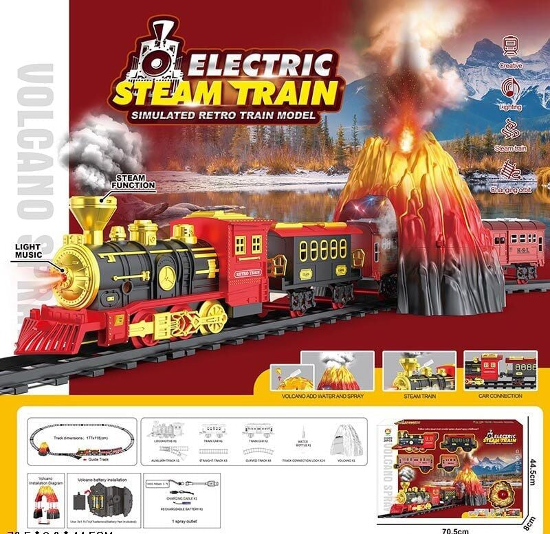 699-51 Electric Steam Train Set with Locomotive, 3 Cars, Rechargeable Battery, and Volcano, 20 Pieces