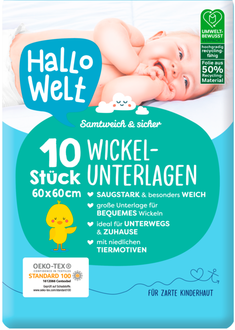 Hallo Welt Baby Changing Pads, 60 x 60 cm, 10 pcs