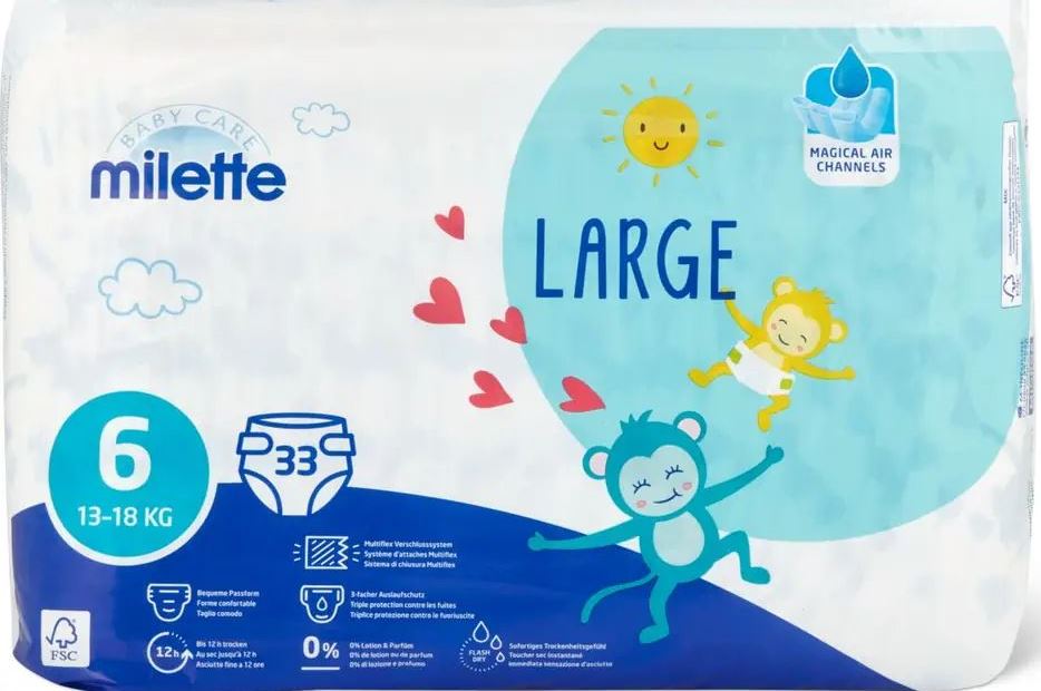 Milette Large 6 Baby Diapers, 13-18 kg, 33 pcs