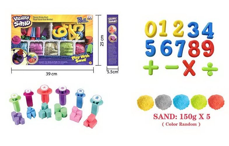 Vitality Sand 1903 B/E/G Kinetic Sand Set with 5 Colors, 16 Molds & 6 Extruders, Assorted, 750 g