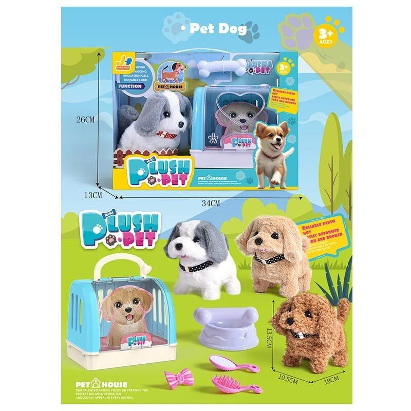 810-88 Plush Pet Walking & Squeaking Puppy Toy with Carrier & Bowl