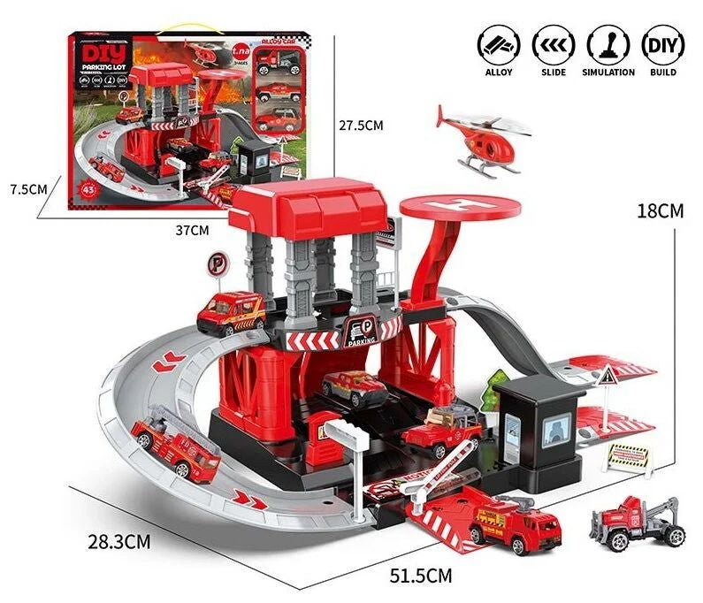 TN-1288 Toy Garage Set with 3 Cars & Helicopter, 43 Pieces, 52 cm