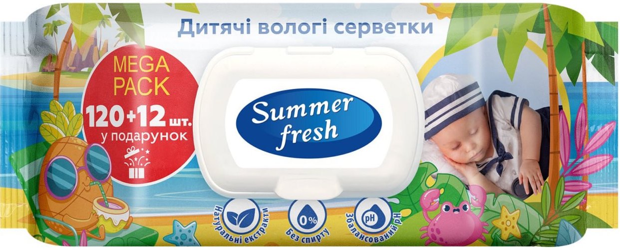 Summer Fresh Kids Wet Wipes with Lid, 132 pcs (120 + 12 Bonus)