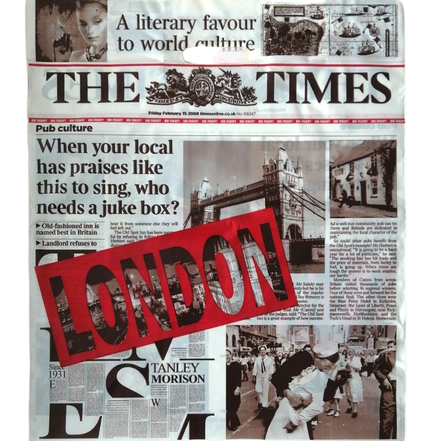 London Newspaper Print Die-Cut Handle Shopping Bag, 45 x 52 cm