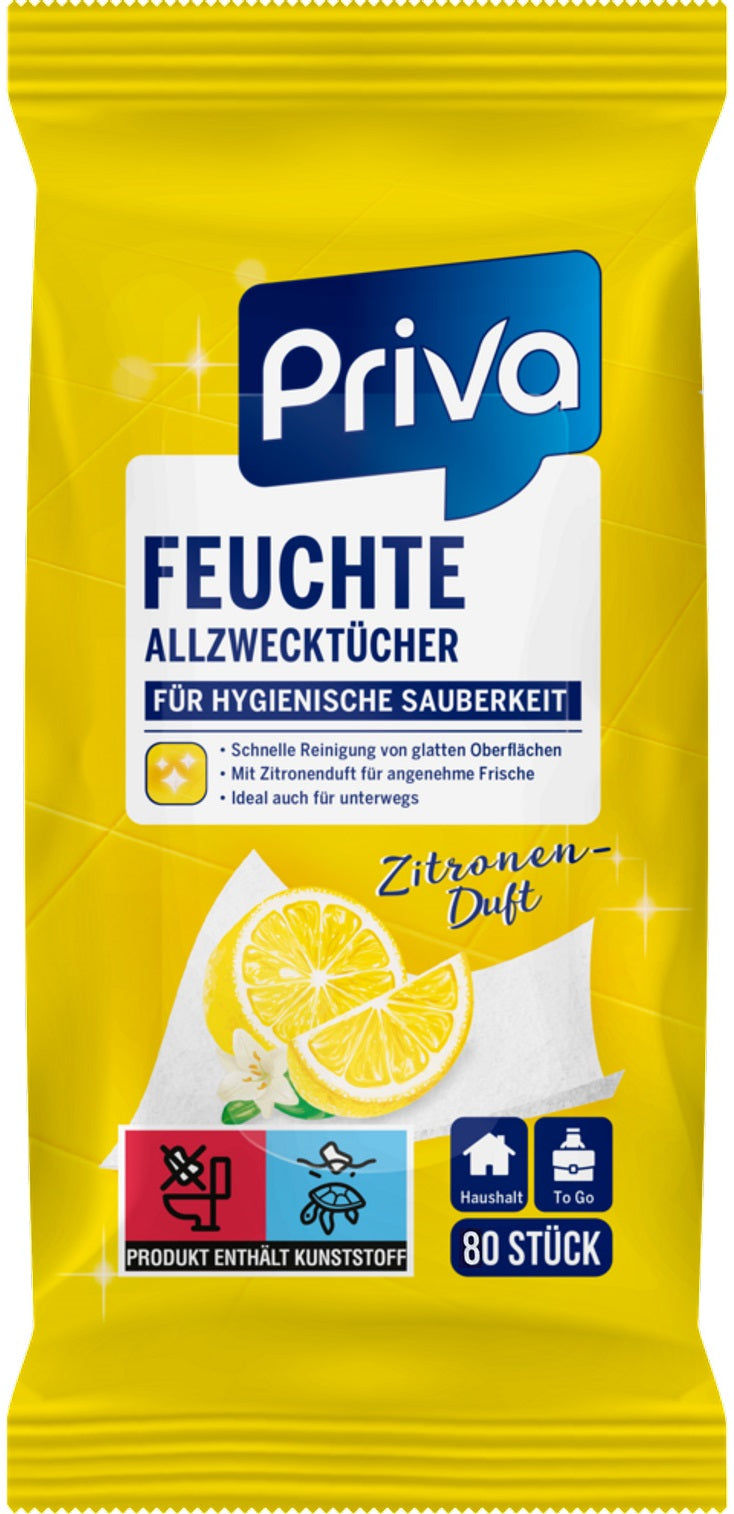 Priva Lemon Scent Cleaning Wet Wipes, 80 pcs
