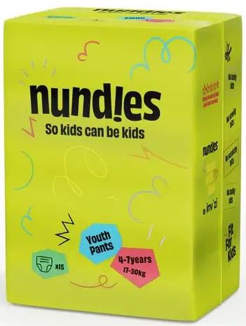Nundies Baby Pull-Up Diaper Pants, 4-7 Years, 17-30 kg, 15 pcs