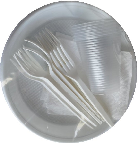 Picnic Tableware Set: 6 Plates (205 mm), 6 Napkins, 6 Forks & 6 Cups, 180 mL