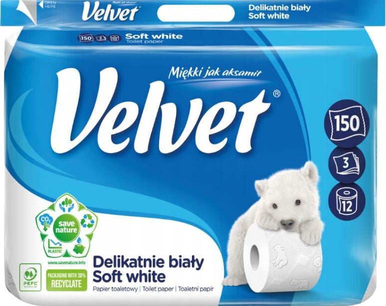 Velvet Soft & White 3-Ply Toilet Paper, 12 Rolls