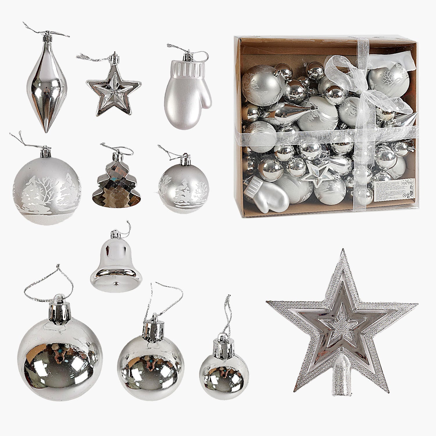 C 67561 Assorted-Shaped Christmas Ornament Set with Star in Gift Box, 98 pcs