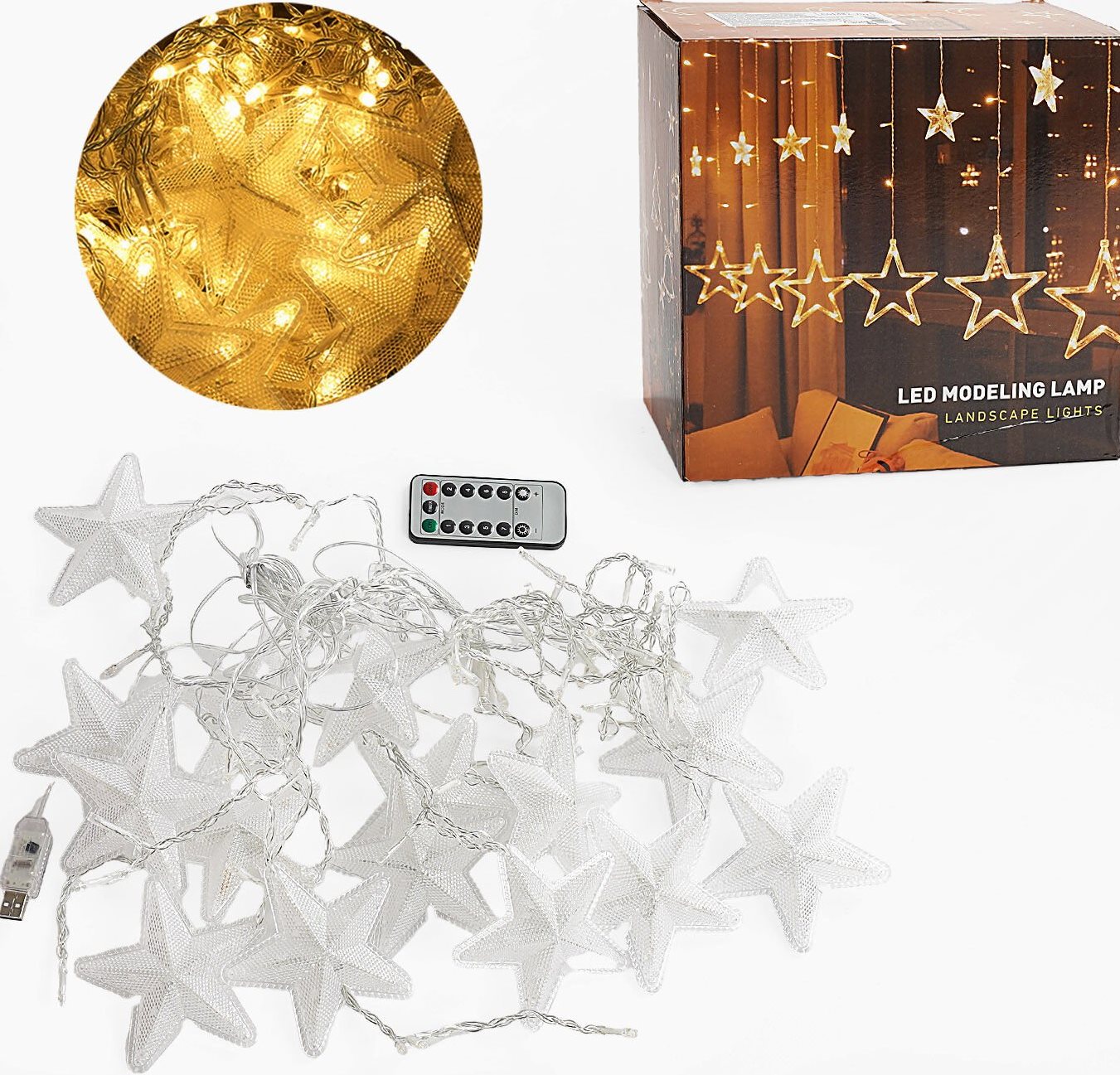 C 61482-70 Y Stars USB String Lights with Remote, Yellow Light, 8 Modes, 5.7 m