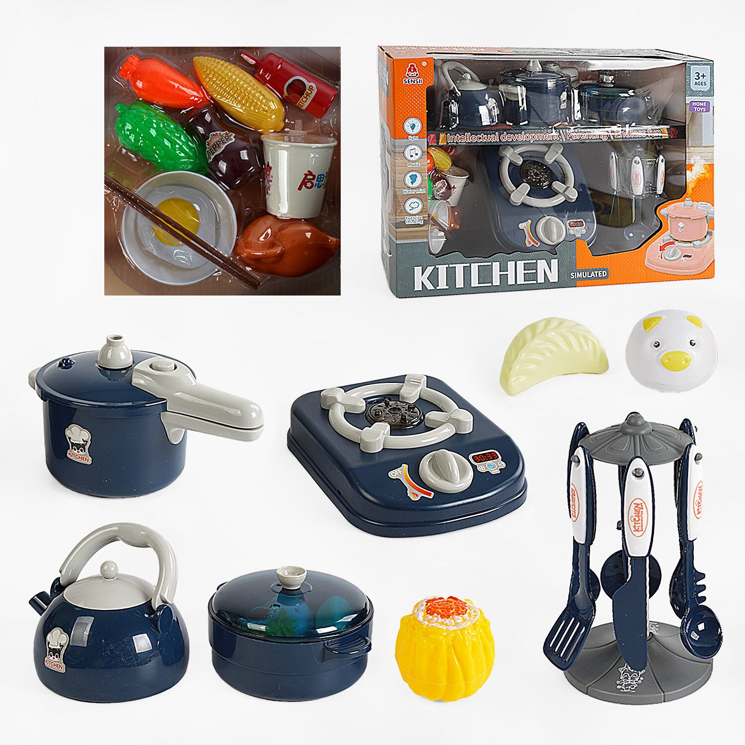 096D-4 Kitchenware Play Set with 18 Pieces, Electric Stove, Sound, Lights, Steam Generator & Play Food