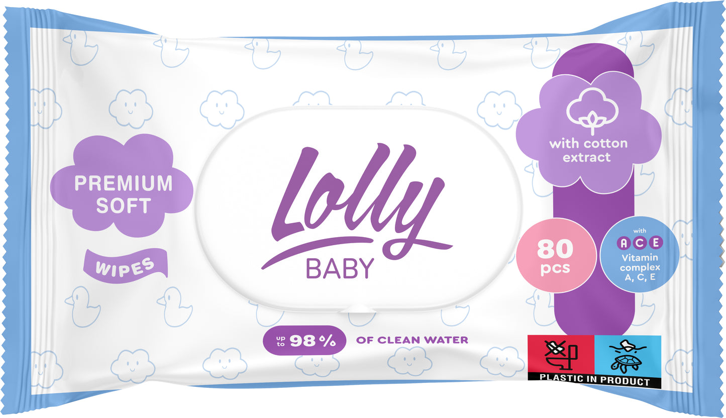 Lolly Premium Soft Baby Wet Wipes with Lid, 80 pcs