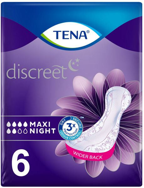 Tena Discreet Maxi Night Incontinence Pads, Absorbency 6, 6 pcs
