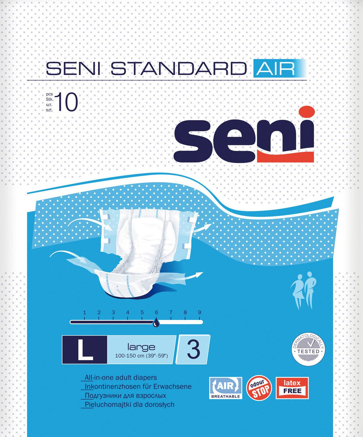 Seni Standard Air Large Adult Incontinence Briefs, 100-150 cm, 10 pcs