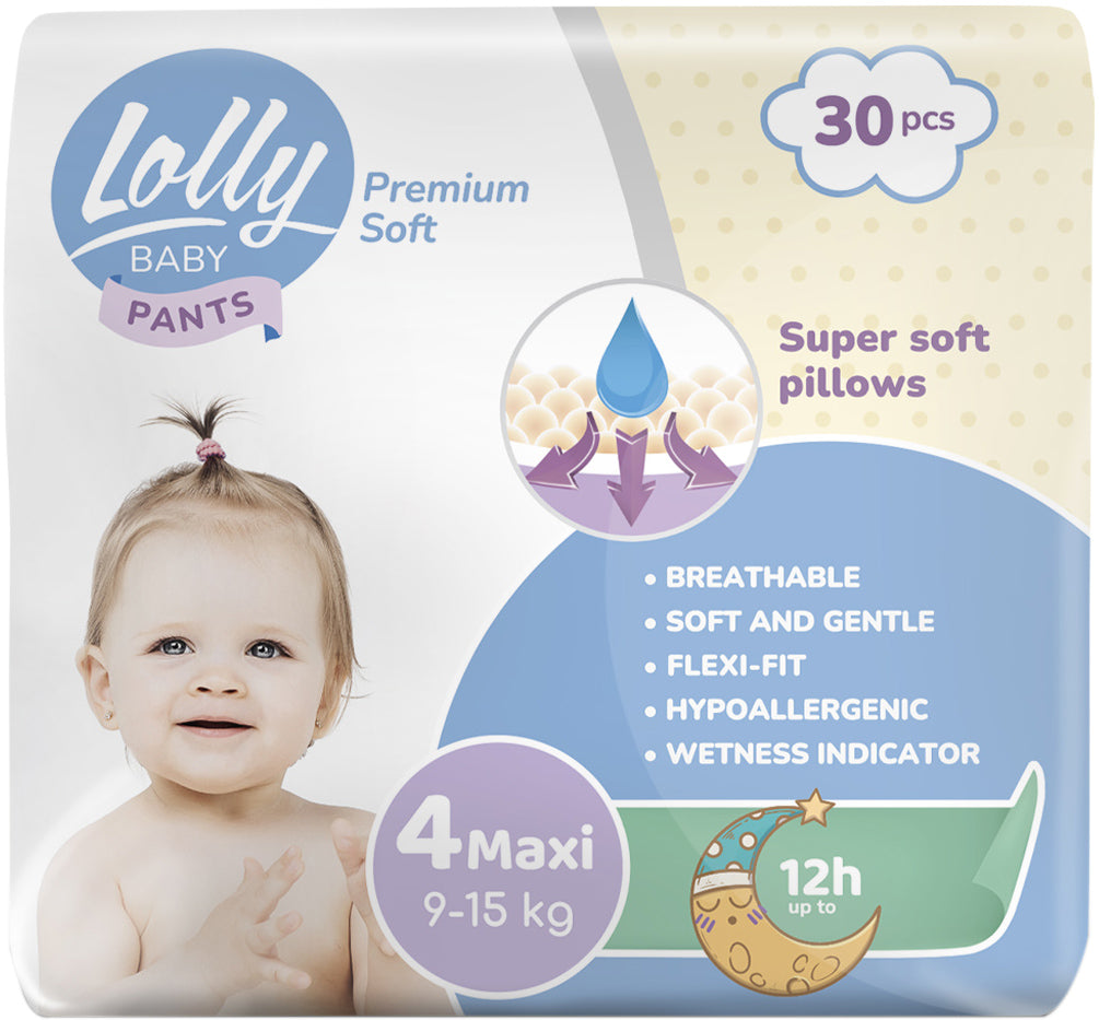 Lolly Premium Soft 4 Baby Pull-Up Diaper Pants, 9-15 kg, 30 pcs