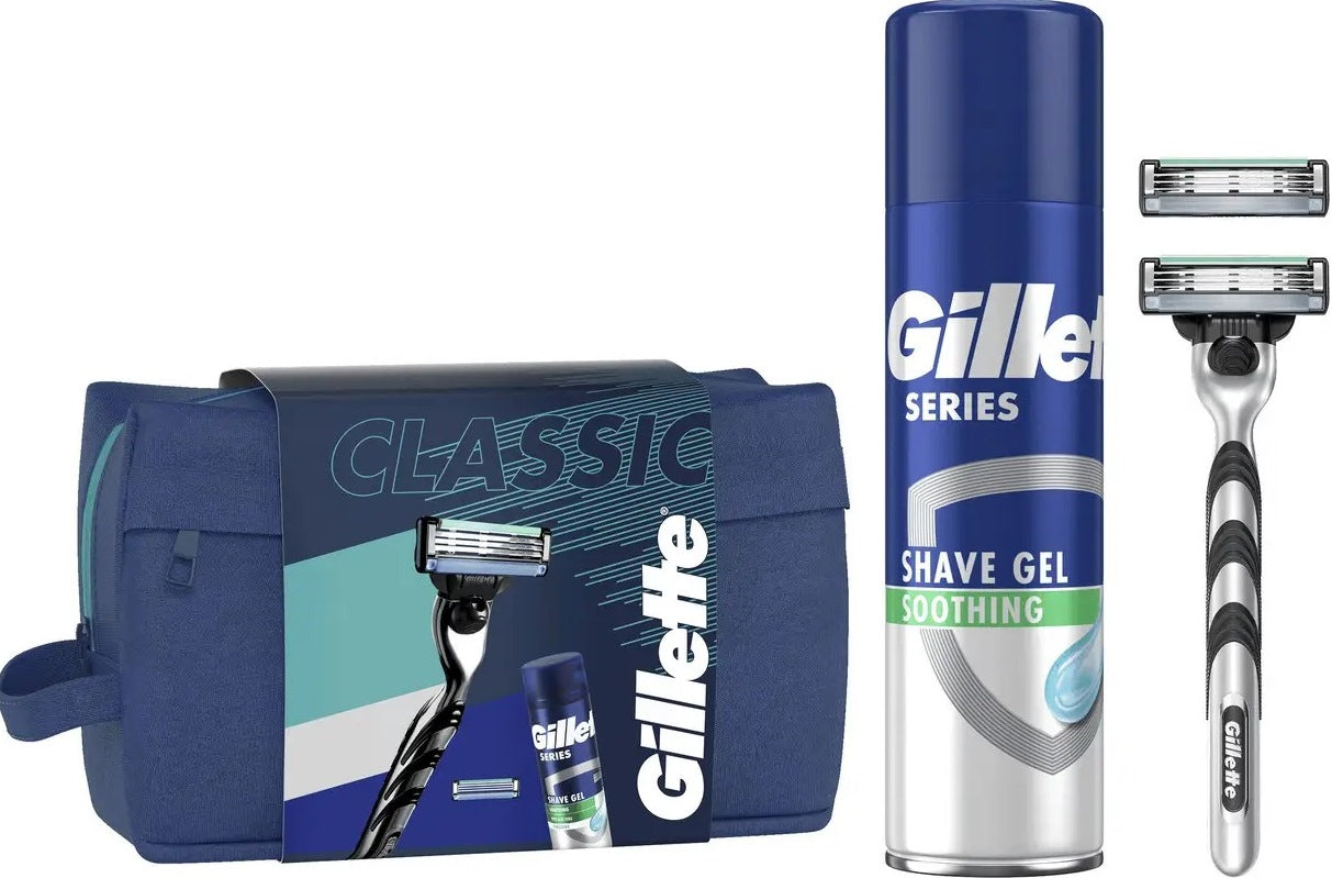 Gillette Mach3 Series Classic Men's Gift Set: Razor with 2 Cartridges, Shaving Gel 200 mL & Cosmetic Bag