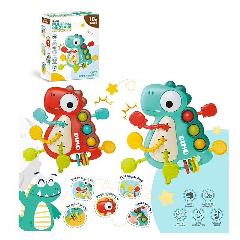 YD 750-14 Boxed Dinosaur Rattle with Pop-It, Teether & Pullable Elements