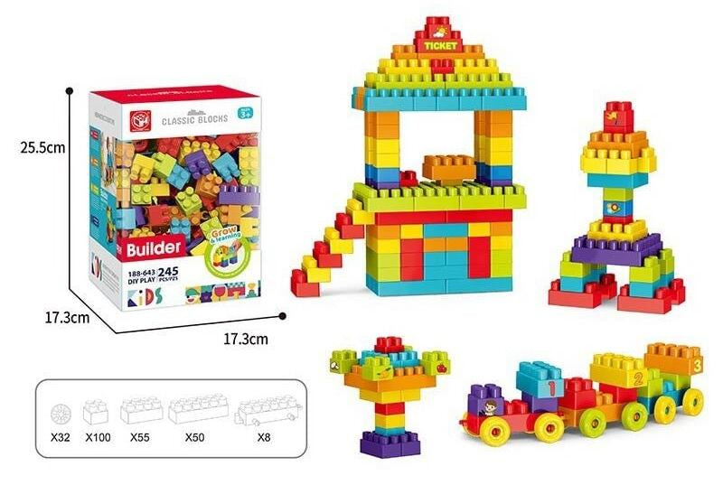 188-643 Classic Blocks Boxed Building Set with Wheels & Stickers, 245 Pieces