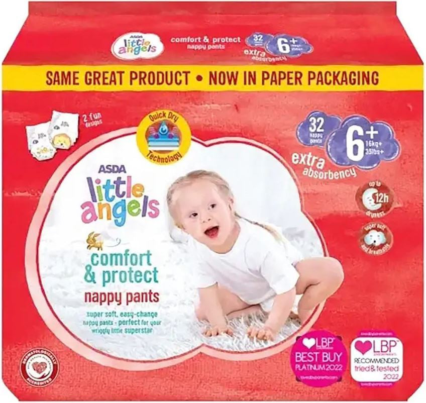 Asda Little Angels Comfort & Protect 6+ Baby Pull-Up Diaper Pants, 16+ kg, 32 pcs