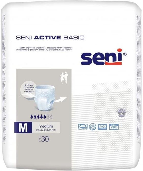 Seni Active Basic Medium Adult Pull-Up Incontinence Pants, 80-110 cm, 30 pcs
