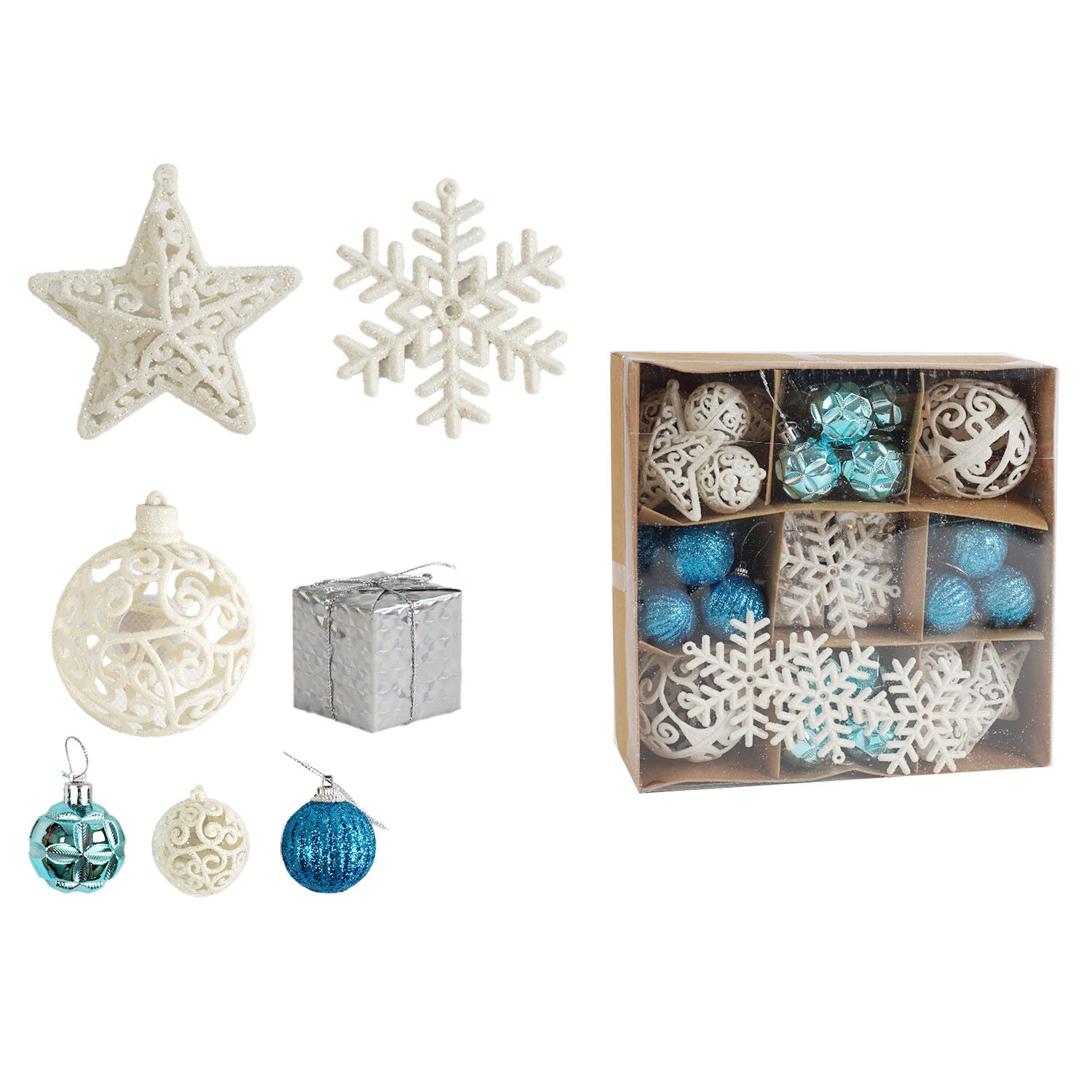 C 67446 Ball, Snowflake & Patterned Star Christmas Ornament Set, 3.5 & 7 cm Diameter, 52 pcs