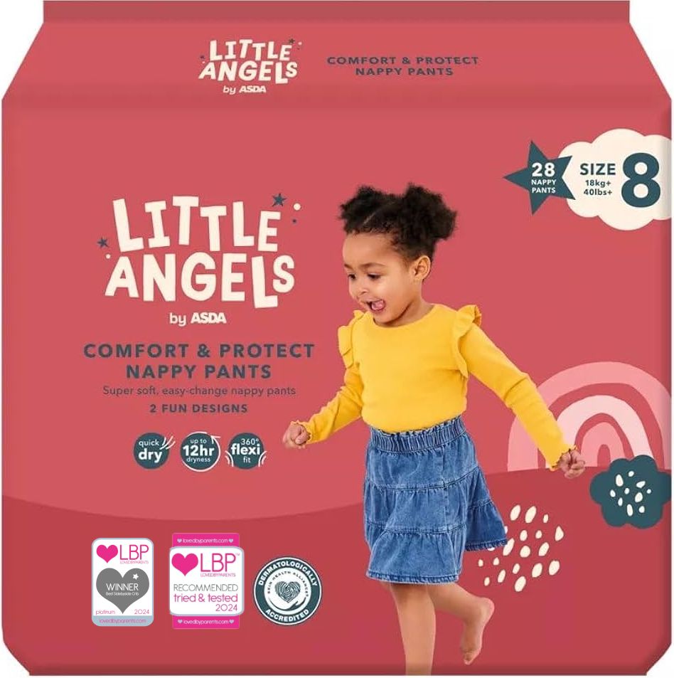 Asda Little Angels Comfort & Protect Nappy Pants 8 (18+kg) Baby Pull-Up Diaper Pants, 28 pcs