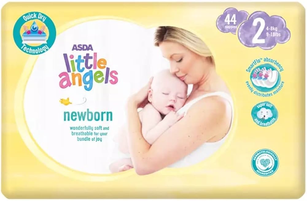 Asda Little Angels Newborn 2 (4-) Baby Diapers, 44 pcs, 8 kg