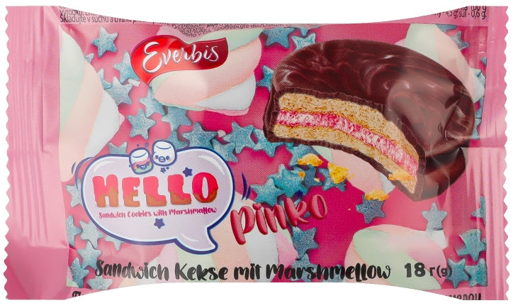 Hello Pinko Glazed Hard Biscuits with Strawberry-Flavored Marshmallow Filling, 18 g