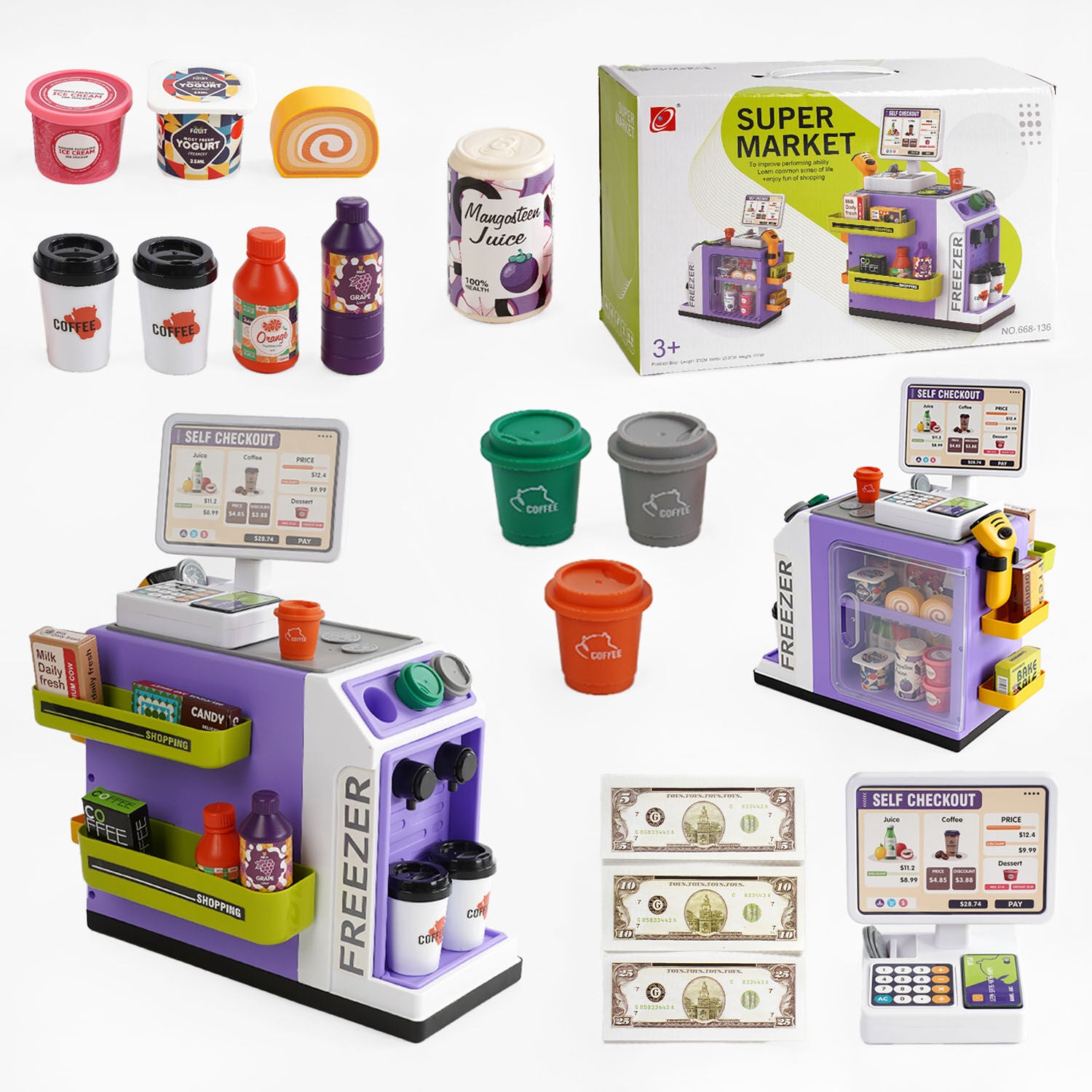 668-136 Supermarket Play Set with 46 Pieces, Sound, Lights, Scanner, Food, Banknotes & Coins