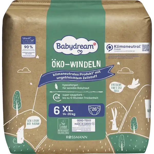 Babydream 6 Eco-Friendly Biodegradable Baby Diapers, 14-20 kg, 26 pcs