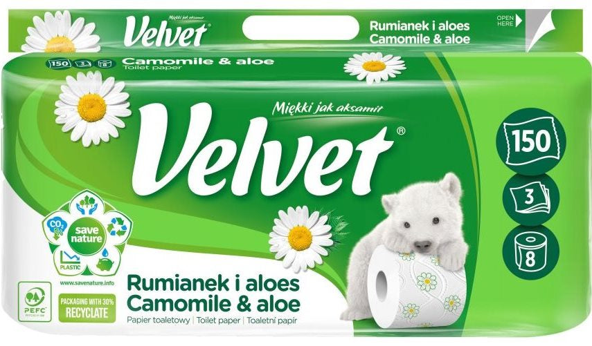 Velvet Camomile & Aloe 3-Ply Toilet Paper, 8 Rolls, 150 Sheets per Roll