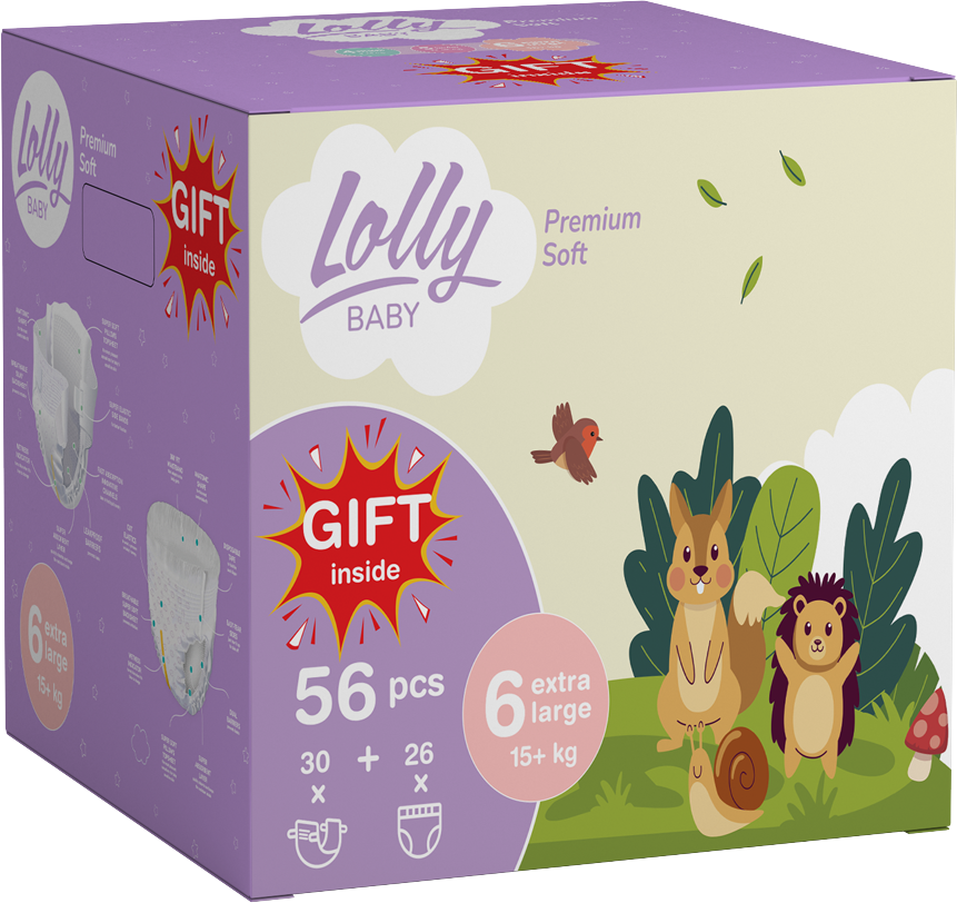 Lolly Premium Soft Size 6 Baby Diaper Set: 30 Diapers, 26 Pull-Up Diaper Pants & Gift, 15+ kg