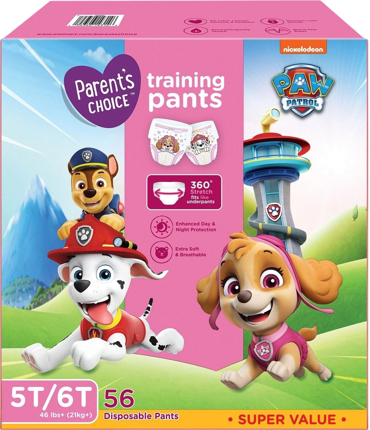 Parent's Choice Paw Patrol Girls' Pull-Up Diaper Pants, Size 7 (21+ kg), 56 Count