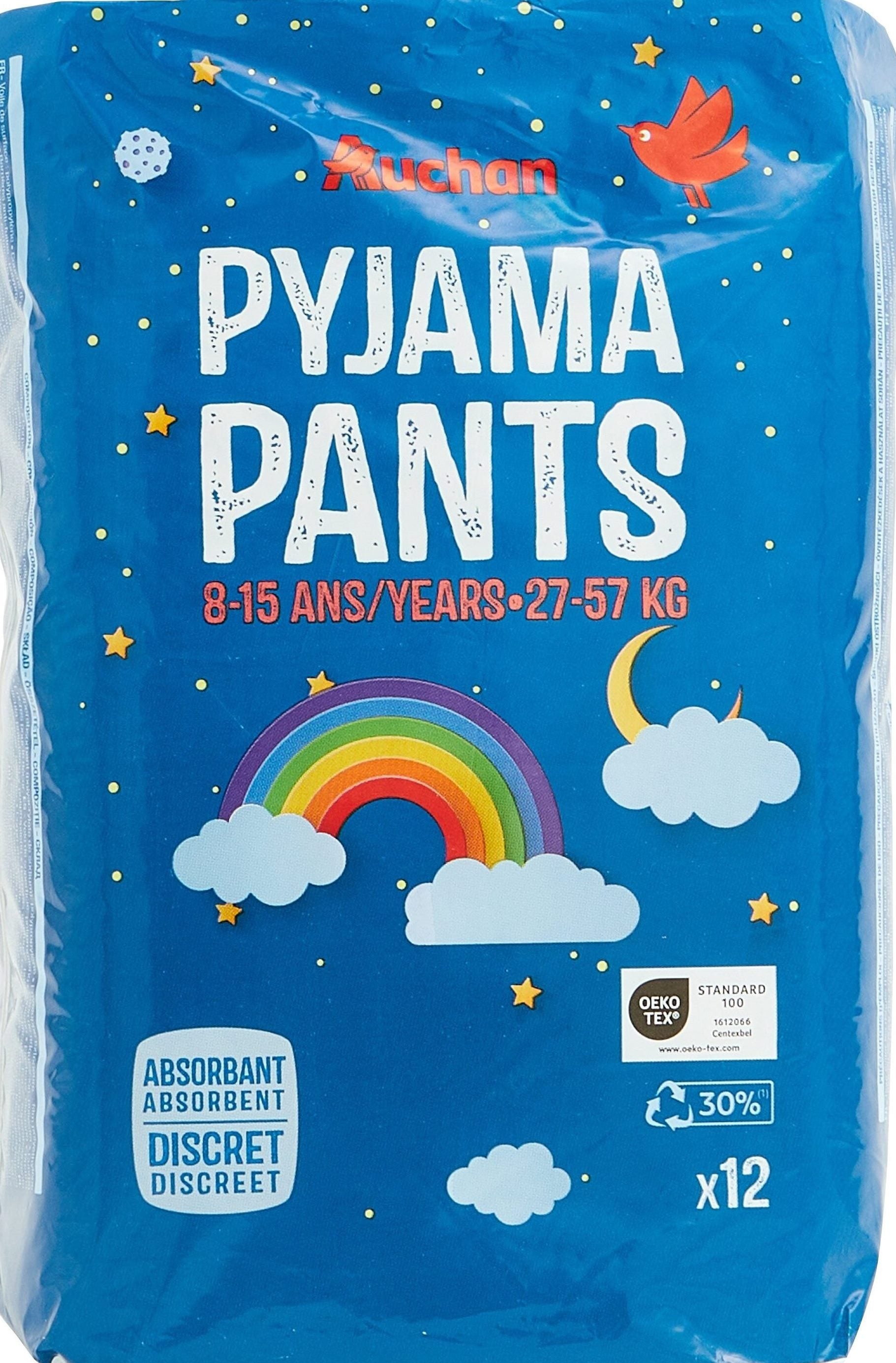 Auchan Pyjama Pants Kids' Overnight Pull-Up Diaper Pants, Ages 8-15, 12 Count, 27-57 kg