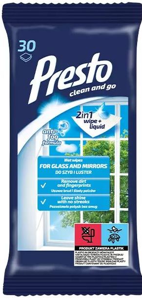 Presto Glass & Mirror Cleaning Wipes, 30 pcs