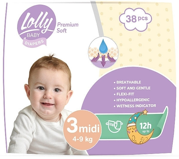 Lolly Premium Soft 3 Baby Diapers, 4-9 kg, 38 pcs