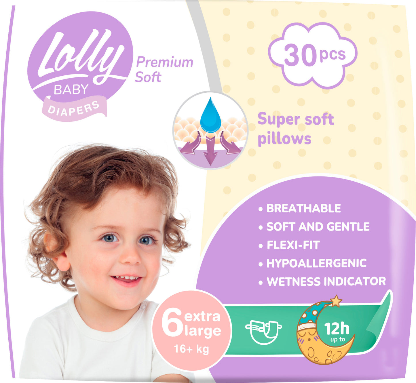 Lolly Premium Soft 6 Baby Diapers, 16+ kg, 30 pcs