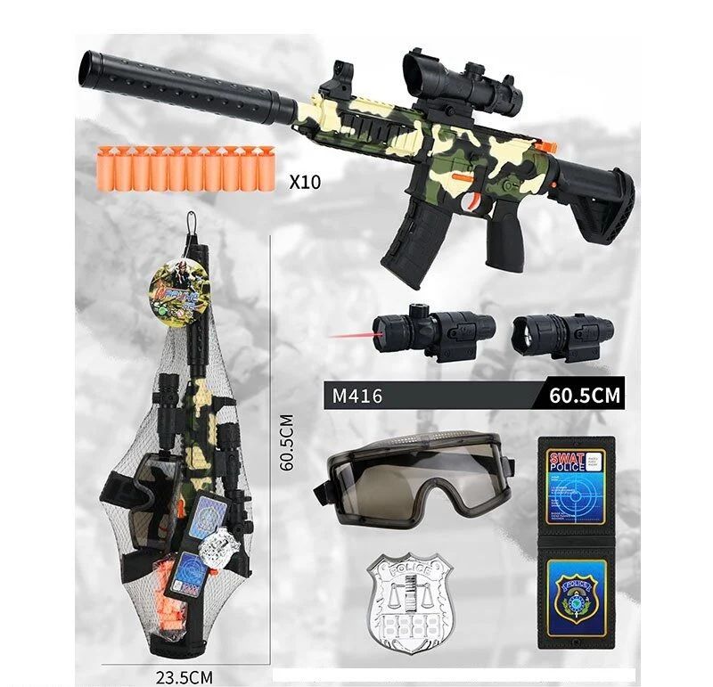 M 416 JL2023 Toy Blaster Set with 10 Soft Darts, Laser & Optical Sights, Flashlight, Glasses & Badge