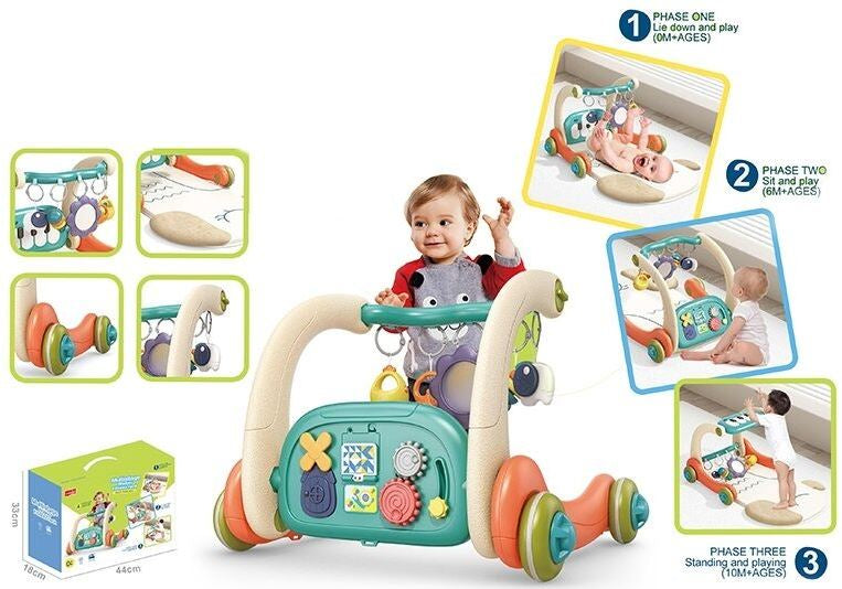 6660 3-in-1 Baby Walker Toy with Mat, Busy Board, 3 Hanging Rattles, Mirror, Piano, Melodies and Lights