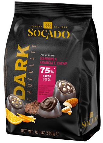 Socado 75% Dark Chocolate with Orange, Cocoa & Almond, 230 g