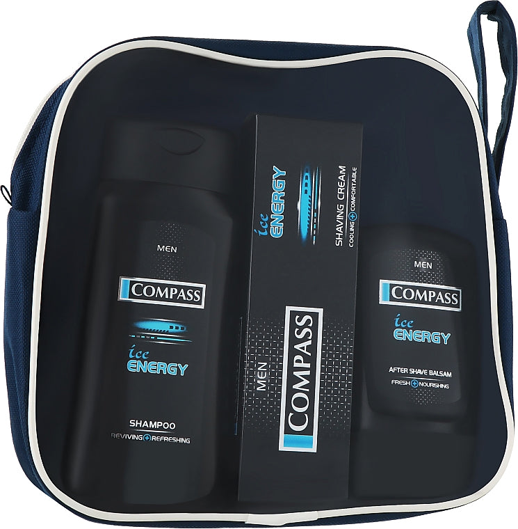 Compass Ice Energy Men's Toiletry Bag Gift Set: Shampoo, Shaving Cream & Aftershave Balm