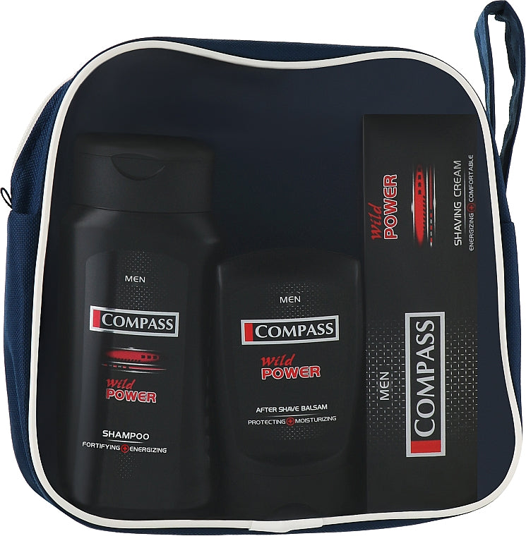 Compass Wild Power Men's Toiletry Bag Gift Set: Shampoo, Shaving Cream & Aftershave Balm