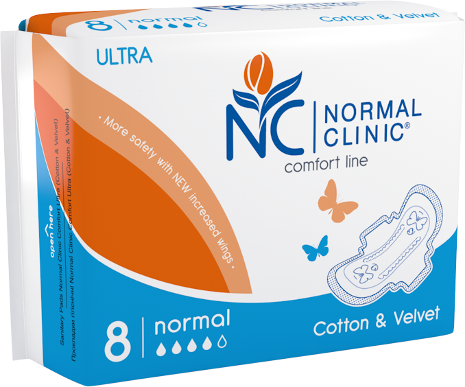 Normal Clinic Ultra Cotton & Velvet Normal Sanitary Pads, 4 Drops, 8 pcs