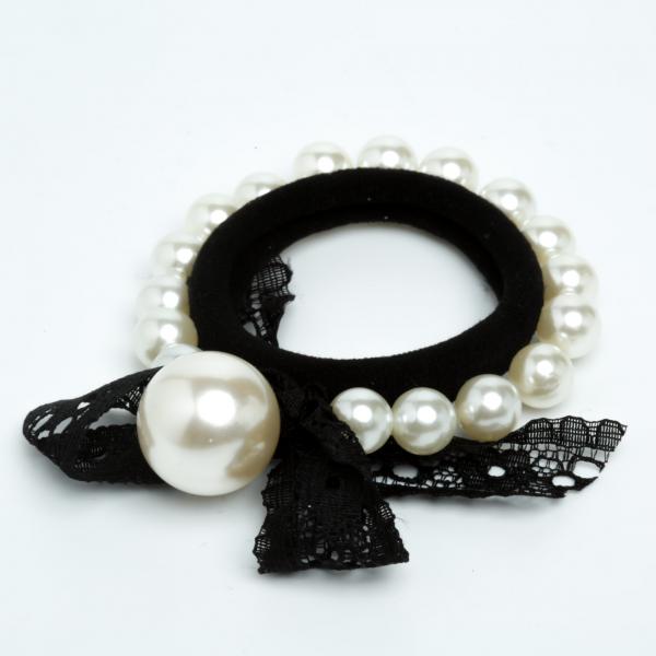 Kids' Black Hair Tie with Beads and Lace Bow 5-9682 (Price per 1 pc)