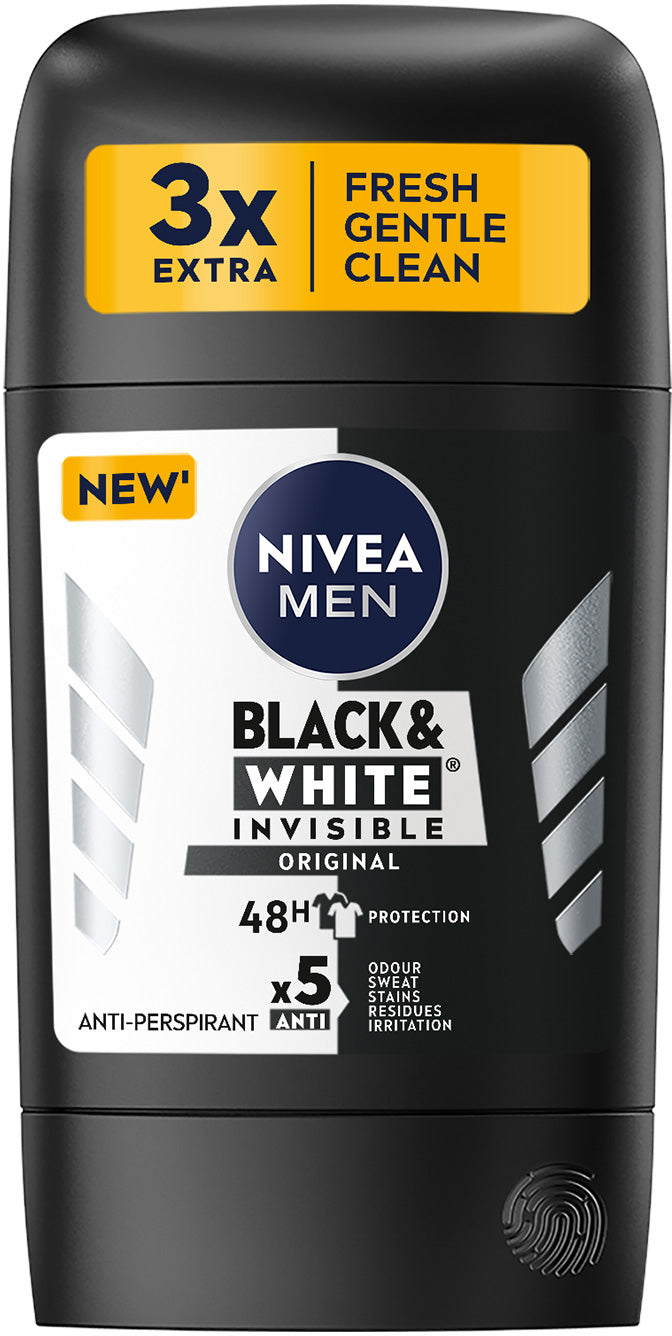 Nivea Black & White Invisible Original Men's Antiperspirant Deodorant Stick, 50 mL
