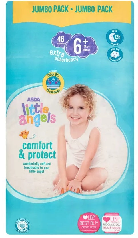 Asda Little Angels Comfort & Protect Size 6+ Baby Diapers, 16+ kg, 46 pcs
