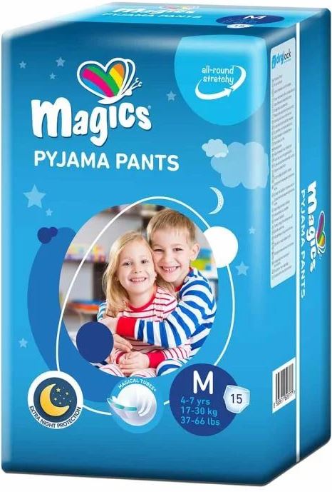 Magics Size M Kids' Pull-Up Diaper Pants, Ages 4-7, 17-30 kg, 15 pcs